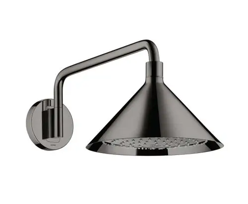An der Wand montierte Kopfbrause mit einem konischen, glänzend schwarzen Hauptteil und einem geraden Brausearm. Das Produkt ist von AXOR.